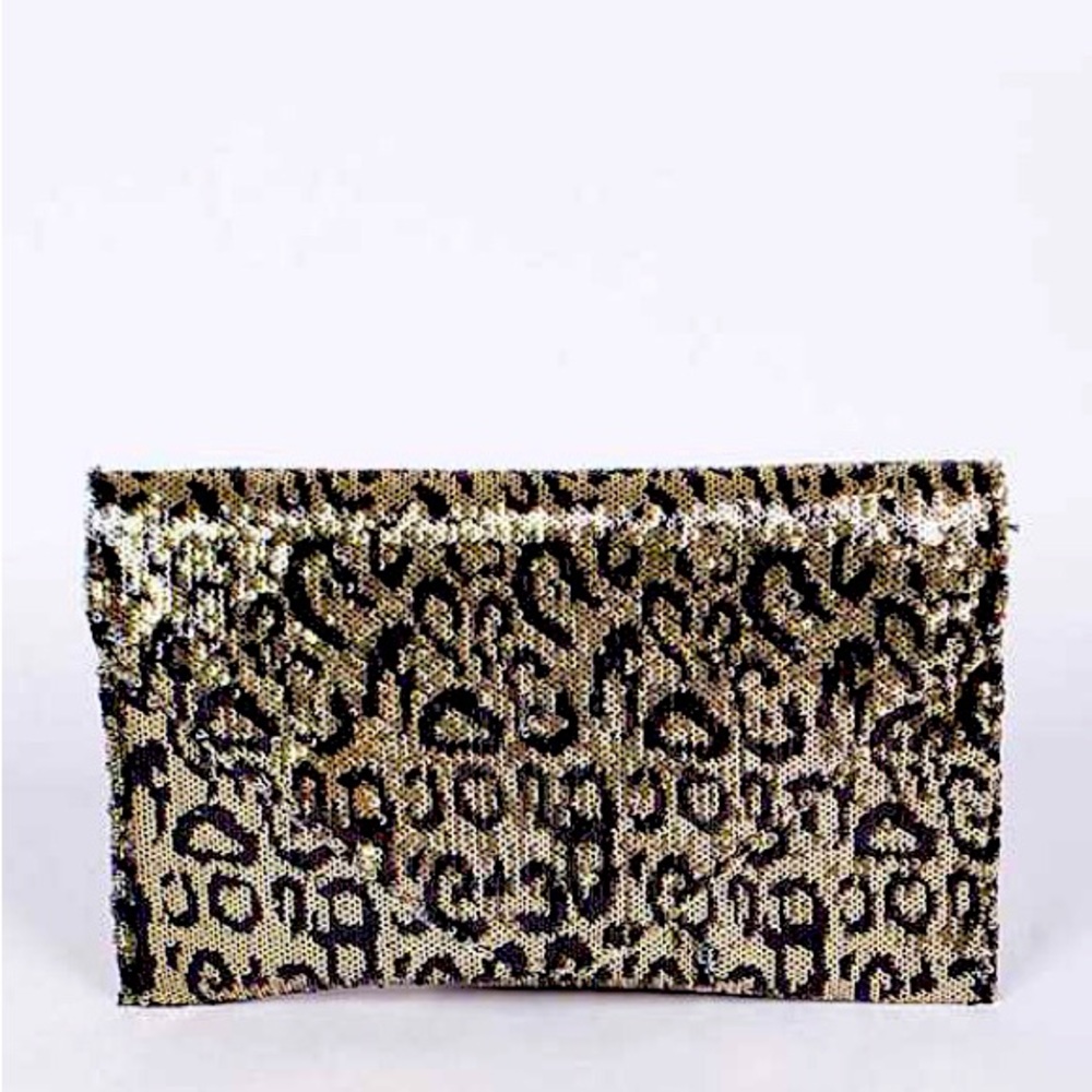 Large Gold & Black Sequin Leopard Animal Print Envelope Bag